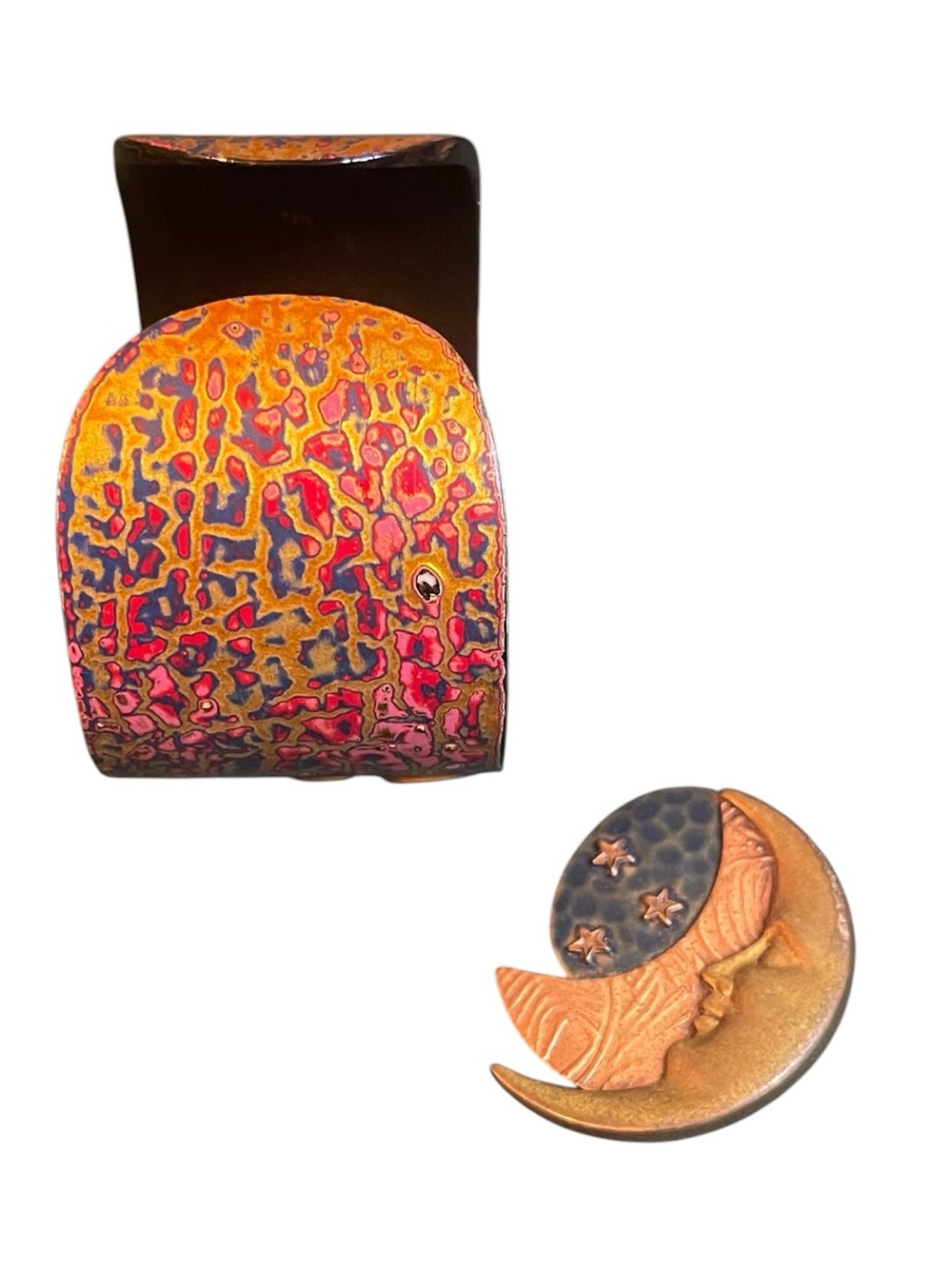 Vintage Artisan Celestial MOP Inlaid Cuff Bracelet & Copper Moon Brooch - Picture 5 of 12